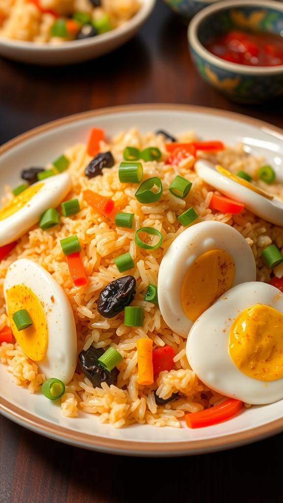 A colorful plate of egg fried rice with mixed vegetables and green onions, showcasing the authentic Anjappar style.